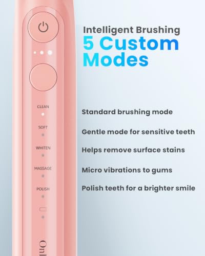 Onlyone Electric Toothbrush for Adults, Rechargeable Electric Toothbrush with 8 Brush Heads, Travel Case, Charging Base & Wireless Charging - 5 Modes with Smart Timer, Pink