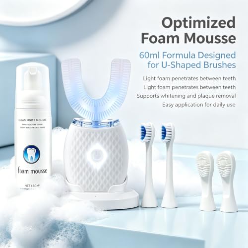 U-Shaped Electric Toothbrush for Adults, 360° Hands-Free Sonic Teeth Cleaner Kit with 4 Brush Heads, 60ml Foam Mousse, LED Light & Wireless Charging Base, Automatic Ultrasonic Toothbrush, White