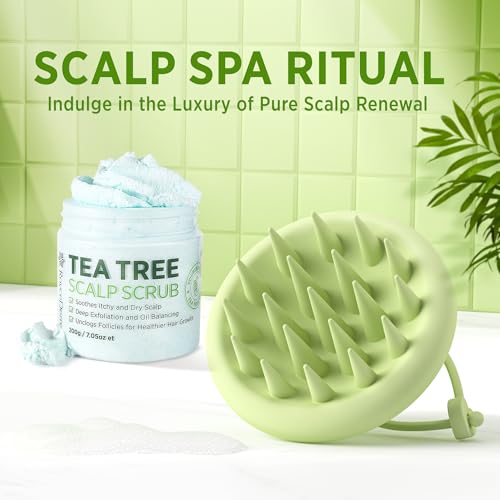 Roycederm Tea Tree Scalp Scrub with Scalp Massager Brush – Deep Cleansing & Exfoliating Pre-Shampoo Treatment for Dry, Flaky Scalp – Gently Refreshes, Hydrates & Balances Scalp