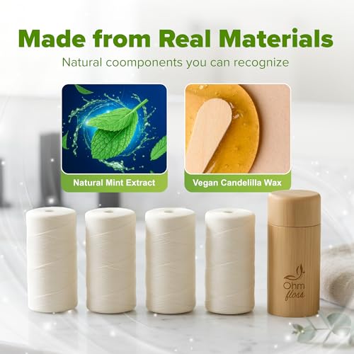 OHM Floss Natural Silk Dental Floss Refill, Plastic-Free & Non-Toxic, Naturally Waxed with Candelilla, 100% Vegan & Compostable, 218 YD/200m Eco Friendly Oral Care (Natural Mint) - 4 Pack of 54 YD 4 Pack (Refillable Floss 220yds)