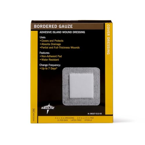 Medline Bordered Gauze, 4" x 4" Adhesive Island Wound Dressing, Sterile, 15 Count 15 Count (Pack of 1)