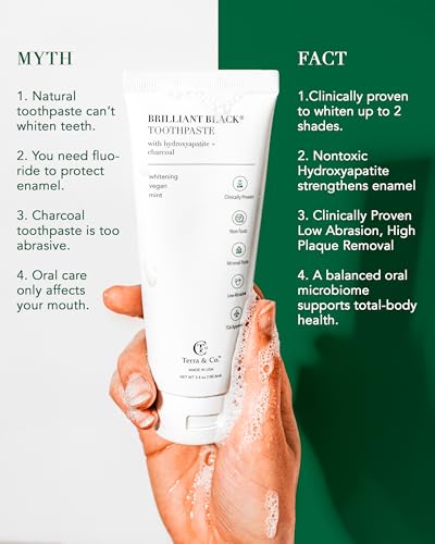 Terra & Co. Brilliant Black Hydroxyapatite Toothpaste for Whitening Teeth – USA-Made - Natural Remineralizing Toothpaste, Fluoride-Free, Vegan, SLS-Free, Low Abrasion – Mint, 3.4 oz Whitening - Mint 3.4 Ounce (Pack of 2)