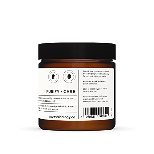 Erbology Activated Charcoal Powder 1.8 oz - Teeth Whitening - Add to Face Masks, Toothpaste and Body Wraps for Natural Exfoliation - Natural Digestive Aid - Vegan - Recyclable Glass Jar 3.2 Ounce (Pack of 1)