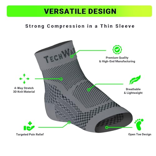 TechWare Pro Ankle Brace Compression Sleeve - Plantar Fasciitis Sock. Relieves Achilles Tendonitis. Foot Arch Support Reduces Joint Pain, Swelling & Heel Spur Pain. Injury Recovery Braces for Sports Gray L / XL (see size chart)