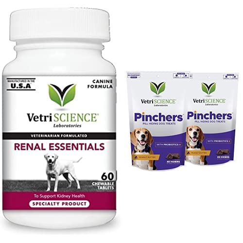 VetriScience Renal Essentials Kidney Support Supplement with Pinchers Pill Hiding Treats Kidney Support & Peanut Butter Pinchers