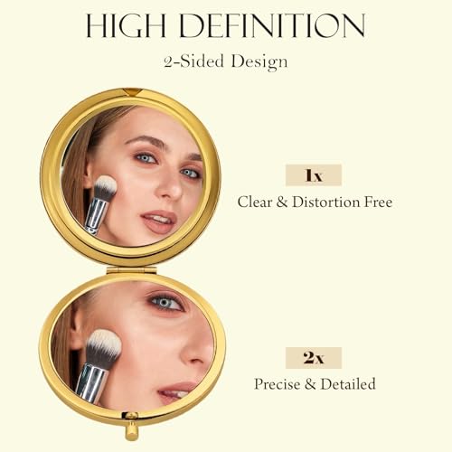 10 Pcs Compact Mirror for Purse, Double-Sided 1X/2X Magnifying Mini Pocket Mirror, Metal Round Shell, Portable Folding Handheld Travel Makeup Mirrors, Elegant Gold