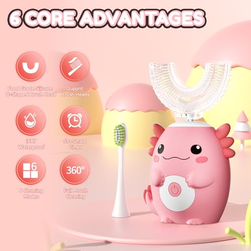 Axolotl Kids Electric U Shaped Sonic Toothbrush,59S Timer-Age2-15 Pink Pink Axolotl