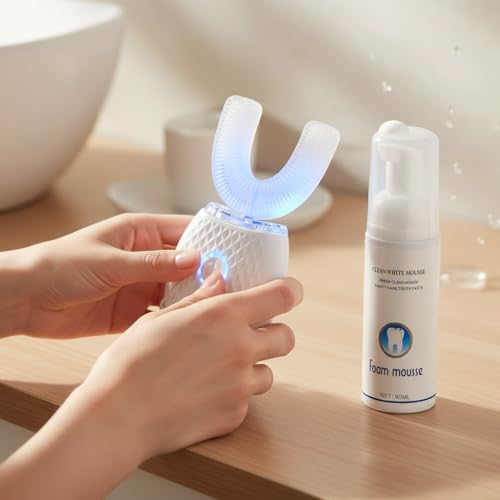 All-in-One U-Shaped Toothbrush for Adults, Ultrasonic Clean & Blue LED Light, Rechargeable with Charging Base (White)