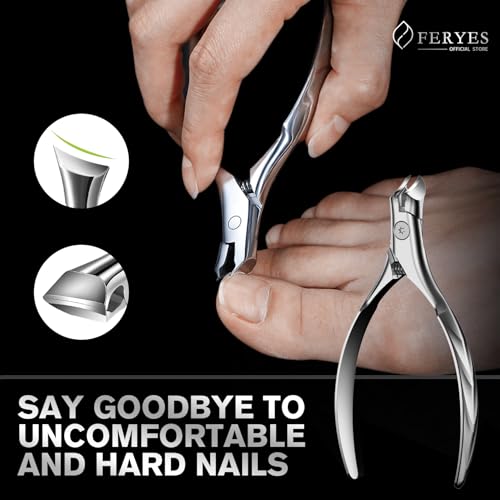 FERYES 5PCS Toenail Clippers Long Handle Clipper for Thick Nails, Straight Blade Clipper for Ingrown Nails, 360° Rotating Jaw Nail Clipper, Cuticle Fork, and Nail File