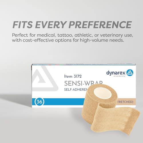 Dynarex Sensi-Wrap Self-Adhesive Bandages, 36-Pack, 2" x 5 Yards, Tan, Latex, Colored Elastic Cohesive Athletic Tape, Tattoo Grip & Vet Wrap