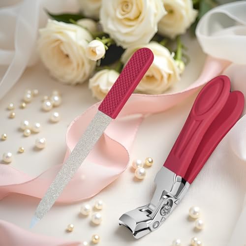 Professional Ruby Red Angled Nail Clippers for Seniors & Adults –Elegant Thick Toenail Clipper with 5'' Nail File, Ultra-Sharp Blades, Nail Catcher, Easy Grip & Safe Home Manicure & Pedicure Care Tool