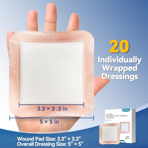 Dimora 20 Count Silicone Super Absorbent Wound Dressing - Gentle Border 5" x 5" Adhesive Bandages for Diabetic Foot Ulcers, Heavy Exudate Wound Care Pads with Ultrasorb Polymer 5"x 5" - 20 pcs