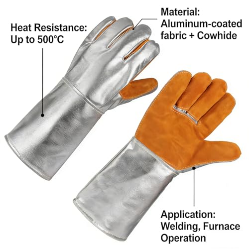 Aluminized Leather Heat Resistant Gloves – Heavy Duty Pottery Kiln Gloves for Ceramic Firing, High Temperature Handling, and Studio Safety