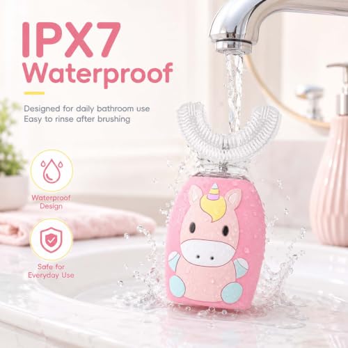 U Shaped Toothbrush for Kids, Automatic Electric Toothbrush with 4 Brush Heads, 360° Full Mouth Cleaning Toothbrush for Children, 2 Modes Rechargeable Kids Toothbrush with Cartoon Design Pink