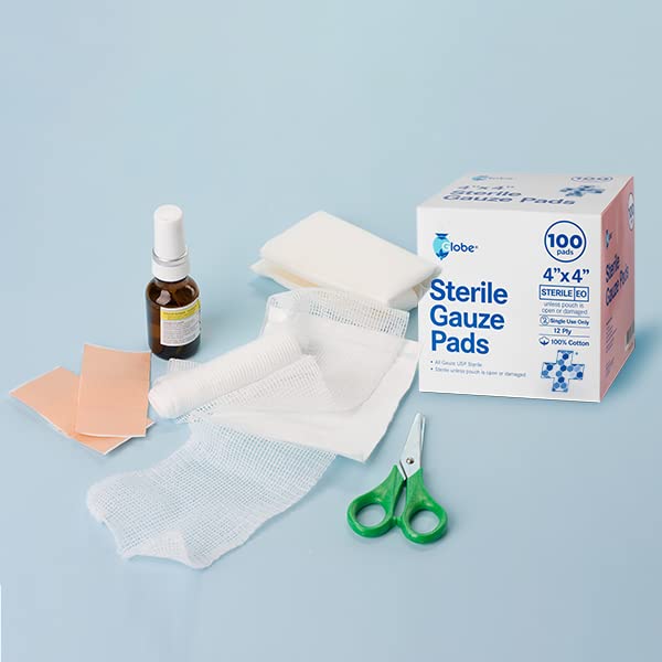 Globe 4’’ x 4" Advanced Sterile Gauze Pads for Wound Dressing| 100-Pack, Individually Packed | 12-Ply Cotton & Highly Absorbent| Advanced Gauze Sponge-Pads for Wound Care & Home First Aid Kits (4 x 4) 4" x 4" - BeesActive Australia