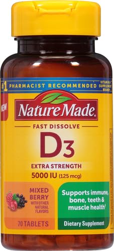 Nature Made Vitamin D3 5000 IU (125 mcg) Extra Strength, Vitamin D Supplement for Immune Support, 70 Sugar Free Fast Dissolve Tablets, 70 Day Supply, (Pack of 2) 70 Count (Pack of 2)