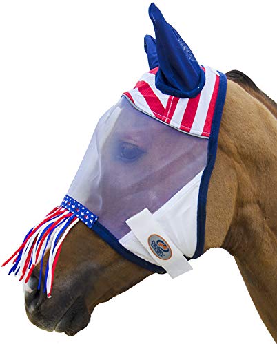 Derby Originals Patriotic Reflective Safety Horse Fly Mask with Ears and Nose Cover Fringes,Full Horse (Large) Full Horse (Large) - BeesActive Australia