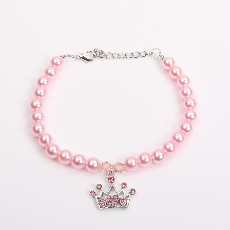 Dog Cat Pearls Necklace Collar with Rhinestones Crown Charm Pendant Pet Puppy Jewelry (L, Pink) L - BeesActive Australia