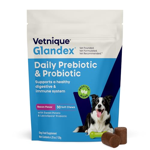 Vetnique Glandex for Dogs Prebiotic & Probiotic Supplement Chews 30 Count Bacon Flavor Plus Glandex Anal Gland Support Chews 30 Count Peanut Butter Flavor Bundle, 5-Strain Probiotics for Dogs