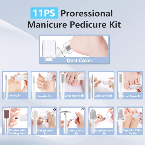Electric Nail File Drill Cordless 2000 mAh Rechargeable 10-Speed Nail Filer White