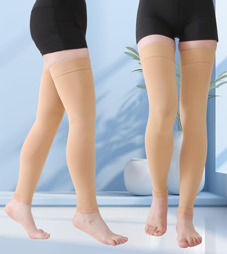 MGANG 20-30mmHg Thigh High Compression Sleeves for Varicose Veins, Edema 20-30mmhg Beige Large (1 Pair)