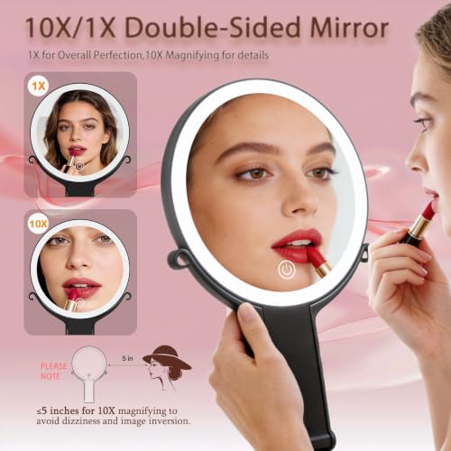 Travel Makeup Mirror with Lights & Foldable Stand, 6" Double Sided 1X/10X Magnifying Portable Lighted Hand Mirror for Men Women, 1X for Full Face & 10X Basic Magnification for Apply Eyebrow Black(1/10x)