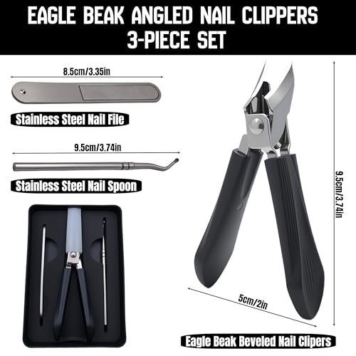 Eagle-Beak Slant Nail Clippers 3-Piece Set, Wide Mouth Design, Black