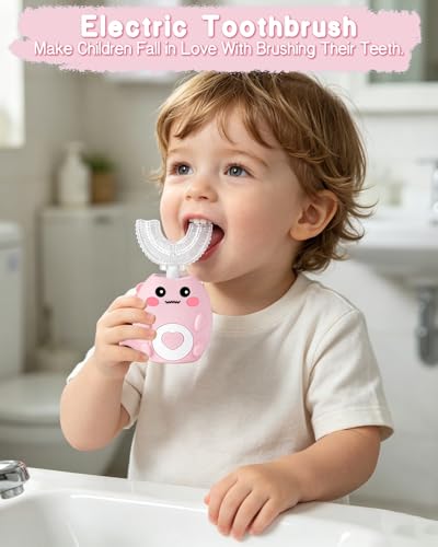 Kids Electric U Shaped Toothbrush for Ages 6-12, Sonic 360º Cleaning Toothbrush with 4 Brush Heads, 3 Modes, 50s Timer, IPX7 Waterproof, Cartoon Dinosaur Design, Gift for Boys & Girls (Pink) Pink