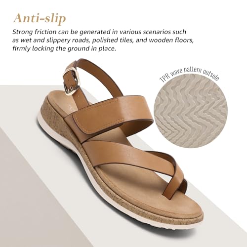 Littleplum Women's Orthopedic Arch Support Sandals Comfortable Thong Flip Flops Adjustable Ankle Strap Open Toe Walking Flat Sandals 8 Classic Brown