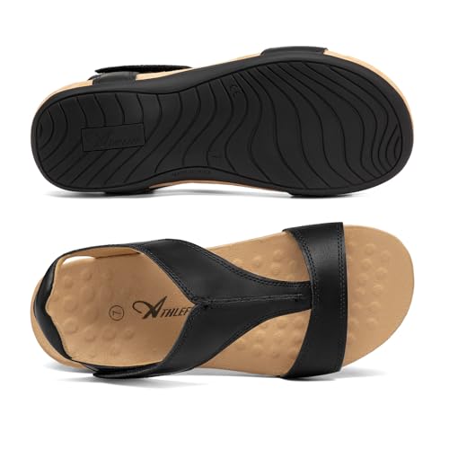 Athlefit Orthopedic Flat Sandals for Women with Arch Support Black 10