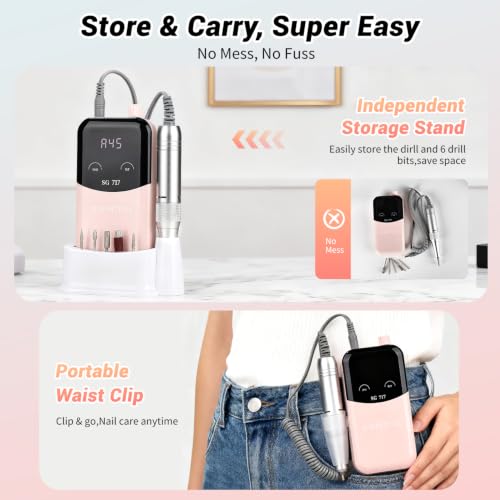 JEWHITENY Rechargeable Cordless Nail Drill for Beginners,Professional Nail Drill 45000RPM,SG717 Electric Nail File for Acrylic Gel Nails,Remove Nail Gel Polish(Pink) Pink & Black
