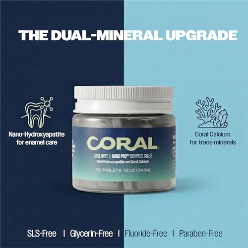 Coral Nano Hydroxyapatite Toothpaste Tablets with Coral Calcium – Remineralizing Enamel Repair, Fluoride Free, SLS Free, Vegan Mint Chewable Tabs, Whitening & Sensitive Teeth, Made in USA, 1 Month 3.38 Ounce (Pack of 2)