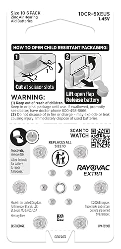 Rayovac Extra Size 10 Hearing Aid Batteries, Long-Lasting Power, Zinc-Air, Mercury Free, 1.45V, Improved Child-Resistant Packaging, Recyclable, 60 Count (10 Packs of 6)
