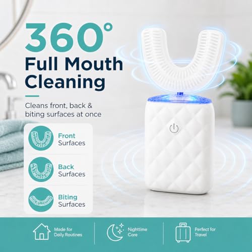 U Shaped Electric Toothbrush for Adults - Ultrasonic Automatic 360° Mouth Cleaning Toothbrush with 5 Modes, IPX7 Waterproof, Rechargeable Sonic Full Mouth Electric Toothbrush (White)