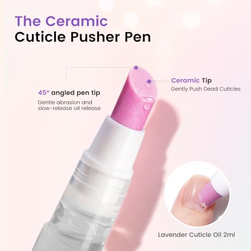 Cuticle Pusher Oil Pen for Nails, 3 in1 Ceramic Cuticle Remover with Oil Lavender