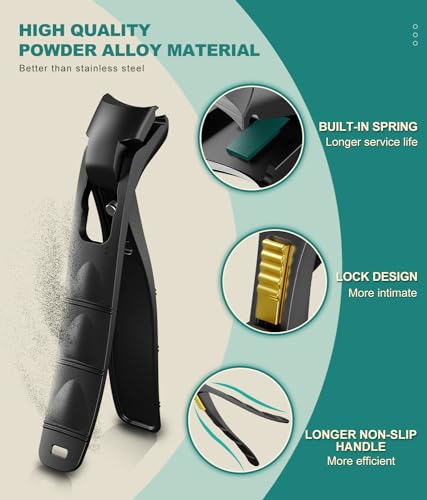 Curved Toenail Clipper with Safety Lock – Heavy Duty Thick Nail Cutter for Ingrown & Hard Nails, Ergonomic Arched Design No Need to Bend, Wide Jaw Opening, Includes PU Leather Pouch for Travel Black