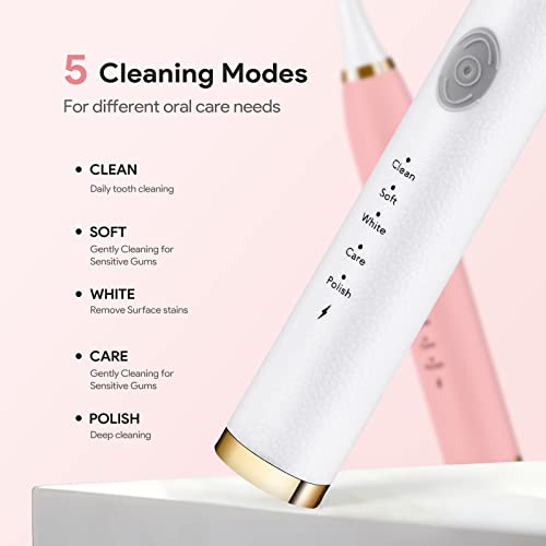 Dnil 2-Pack Rechargeable Sonic Toothbrush for Adults, Long-Lasting Battery Operated, 35,000 VPM Fast Brushing, Includes 10 Brush Heads and 5 Mode Options for Personalized Oral Care (White & Pink)