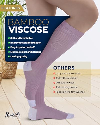 Pembrook® Bamboo Viscose Light Compression Socks - 3 Pairs | 8-15 mmhg Compression Socks | Knee High Comfort Support Socks Medium Light Green/Light Blue/Rose