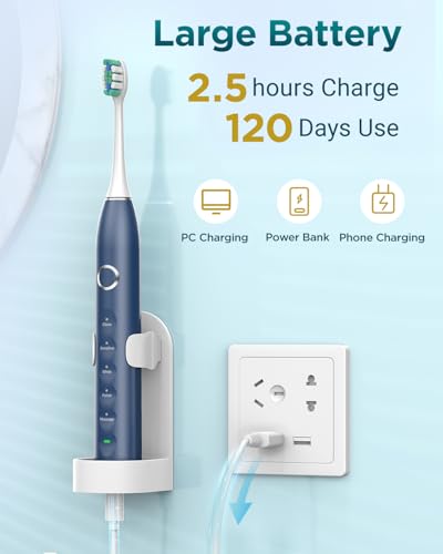 Rtauys S5 Electric Toothbrush Set IPX7 with 8 Brush Heads, Sonic Toothbrush for Adults Rechargeable with Travel Case, 2.5 Hours Charge for 120 Days, 5 Modes with 2 Minutes Built in Smart Timer Blue 1 Count (Pack of 1)