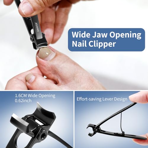 2025 Upgrade Nail Clippers Set – Ultra Wide Jaw (15mm) Toenail Clippers for Thick Nails, Premium 420 Stainless Steel, Long Handle, Anti-Splash Catcher, Safety Lock, Ideal for Seniors/Men/Women (Black) Small