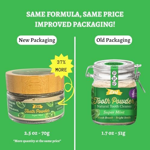 The Dirt - Remineralizing Tooth Powder, Natural Fluoride-Free Teeth Whitening Powder with Hydroxyapatite, Flouride & Gluten Free, Organic Vegan (Super Mint, 51g: 6 Month Supply) Super Mint 1.7 Ounce (Pack of 1)