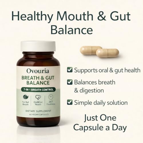 Ovouria Breath and Gut Balance, 7-in-1 Advanced Formula with Magnesium Citrate, Zinc Gluconate, Probiotic Blend, Fresh Breath, Chronic Halitosis & Gut Health, 60 Capsules 1pcs