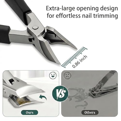 Nail Clippers Set for Seniors Thick Toenails, Ingrown 30° Slanted Eagle-Beak Clipper with Wide Jaw Opening, Anti-Splash Catcher, Long Handle Stainless Steel Kit for Men Women Adults Black