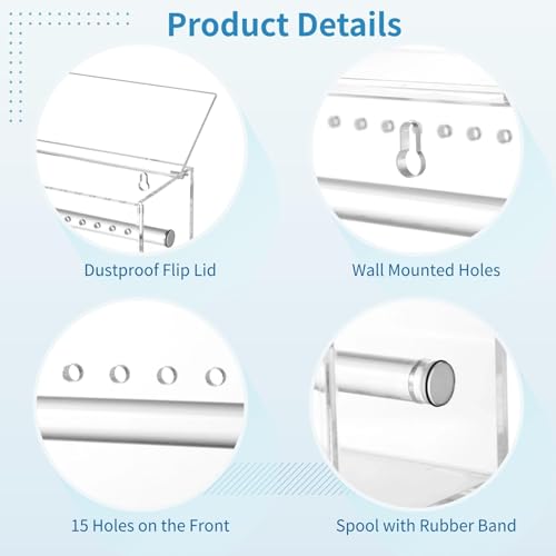Acrylic Orthodontic Power Chain Organizer, Dental Elastic Chain Dispenser Box with Flip Lid & Rotating Spool, 15 Holes for Office Supply