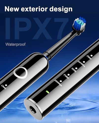 Electric Toothbrush for Adults, 8 Brush Heads (2 Types) & Travel Case, 5 Cleaning Modes Rechargeable Power Toothbrush with 2-Minute Smart Timer, Black