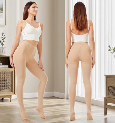 NURCOM Compression Pantyhose, Open Toe 20-30mmhg Open Toe Beige Large