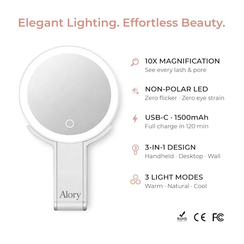 Alory Travel Makeup Mirror with Light, 10X Magnifying Back Side and Rechargeable