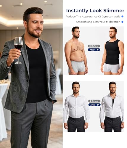 TAILONG Compression Shirt Men Shapewear - Instant Slimming Undershirt for Gynecomastia & Tummy Control Body Shaper Tank Top Large Black