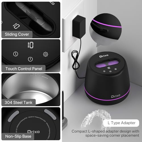 Drixo Ultrasonic Retainer Cleaner Machine, IPX6 Waterproof Dental Cleaning Pod, 3 Modes Denture Cleaner for Night Guard Mouth Guard Braces, 45kHz Denture Dome with UV Light, 200ML Tank, Jet Black