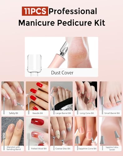 Cordless Nail Drill Electric Nail File, 10-in-1 Manicure Pedicure Kit Nail Grinder Set, 14000 RPM Rechargeable Acrylic Nail Tool, 10 Speeds LED Light LCD Display for Human, Toenails, Home(Pink) Pink